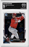 Shohei Ohtani from the 2018 Bowman Chrome set graded by Arena Club and given an overall grade of 9.