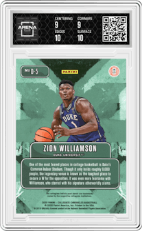 Zion Williamson  from the 2020 Panini Prizm Draft Picks Collegiate set graded by Arena Club and given an overall grade of 9.5.