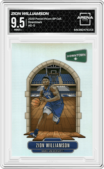 Zion Williamson  from the 2020 Panini Prizm Draft Picks Collegiate set graded by Arena Club and given an overall grade of 9.5.