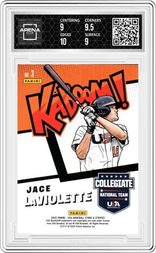 Jace LaViolette from the 2025 Panini Stars & Stripes USA set graded by Arena Club and given an overall grade of 9.5.