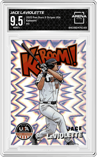 Jace LaViolette from the 2025 Panini Stars & Stripes USA set graded by Arena Club and given an overall grade of 9.5.