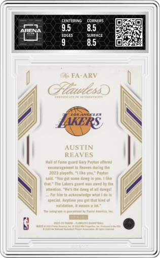 Austin Reaves  from the 2022-23 Panini Flawless set graded by Arena Club and given an overall grade of 9.
