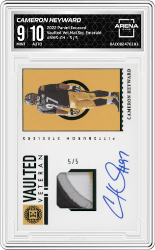 Cameron Heyward from the 2022 Panini Encased set featuring a Emerald parallel graded by Arena Club and given an overall grade of 9.