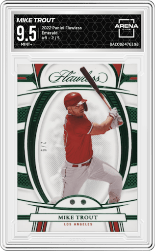 Mike Trout from the 2022 Panini Flawless set featuring a Emerald parallel graded by Arena Club and given an overall grade of 9.5.