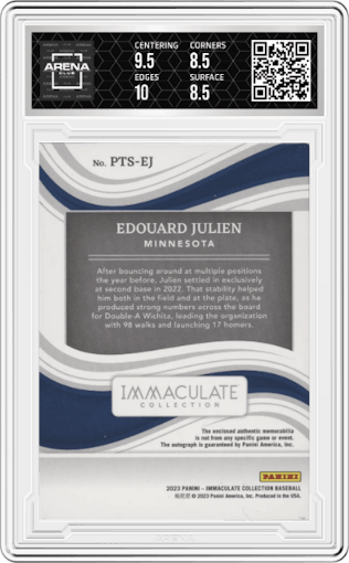 Edouard Julien from the 2023 Panini Immaculate Collection set featuring a Green parallel graded by Arena Club and given an overall grade of 9.
