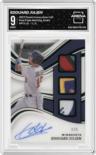 Edouard Julien from the 2023 Panini Immaculate Collection set featuring a Green parallel graded by Arena Club and given an overall grade of 9.