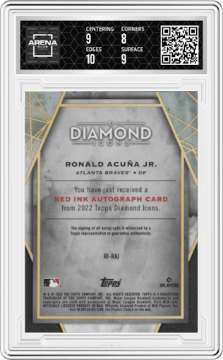 Ronald Acuna Jr. from the 2022 Topps Diamond Icons set graded by Arena Club and given an overall grade of 8.5.