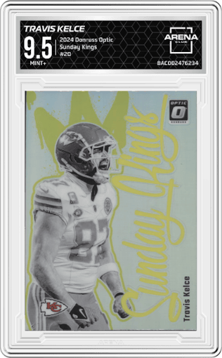 Travis Kelce from the 2024 Donruss Optic set graded by Arena Club and given an overall grade of 9.5.