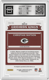 Christian Watson from the 2022 Panini Donruss Optic set featuring a Purple Stars parallel graded by Arena Club and given an overall grade of 10.