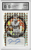Josh Jacobs from the 2023 Panini Mosaic set graded by Arena Club and given an overall grade of 10.