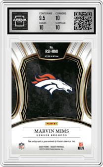 Marvin Mims from the 2023 Panini Select set featuring a Green Prizm parallel and given an overall grade of 10.