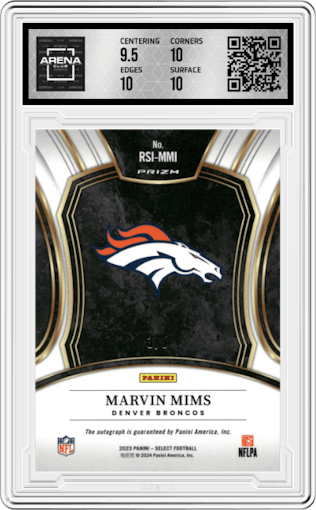 Marvin Mims from the 2023 Panini Select set featuring a Green Prizm parallel graded by Arena Club and given an overall grade of 10.
