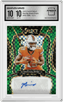Marvin Mims from the 2023 Panini Select set featuring a Green Prizm parallel and given an overall grade of 10.