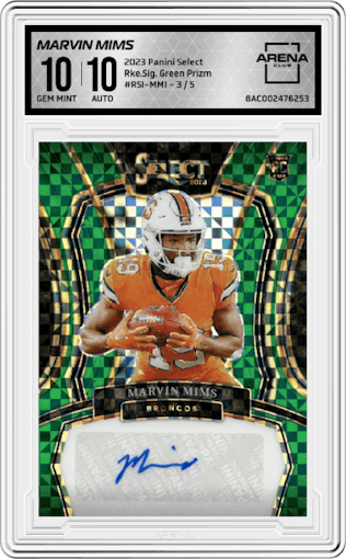 Marvin Mims from the 2023 Panini Select set featuring a Green Prizm parallel graded by Arena Club and given an overall grade of 10.