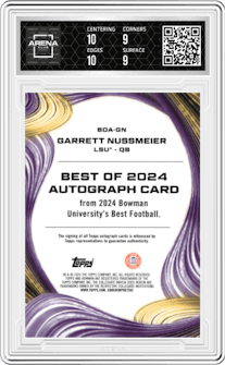 Garrett Nussmeier from the 2024 Bowman University Best set featuring a Yellow Refractor parallel graded by Arena Club and given an overall grade of 9.5.