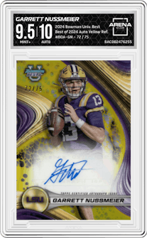 Garrett Nussmeier from the 2024 Bowman University Best set featuring a Yellow Refractor parallel graded by Arena Club and given an overall grade of 9.5.