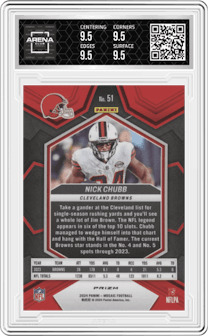 Nick Chubb from the 2024 Panini Mosaic set featuring a Genesis parallel graded by Arena Club and given an overall grade of 9.5.