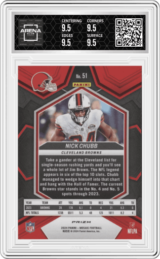 Nick Chubb from the 2024 Panini Mosaic set featuring a Genesis parallel graded by Arena Club and given an overall grade of 9.5.