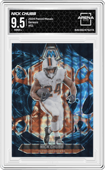 Nick Chubb from the 2024 Panini Mosaic set featuring a Genesis parallel graded by Arena Club and given an overall grade of 9.5.