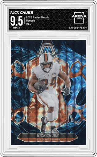 Nick Chubb from the 2024 Panini Mosaic set featuring a Genesis parallel graded by Arena Club and given an overall grade of 9.5.
