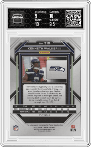 Kenneth Walker III from the 2022 Panini Prizm set graded by Arena Club and given an overall grade of 9.5.