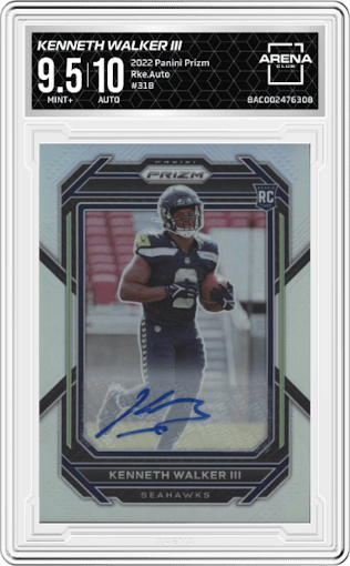 Kenneth Walker III from the 2022 Panini Prizm set graded by Arena Club and given an overall grade of 9.5.