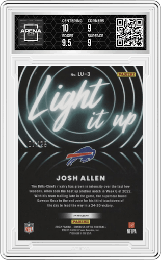 Josh Allen from the 2022 Panini Donruss Optic set featuring a Black Pandora parallel graded by Arena Club and given an overall grade of 9.5.