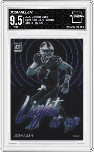 Josh Allen from the 2022 Panini Donruss Optic set featuring a Black Pandora parallel graded by Arena Club and given an overall grade of 9.5.