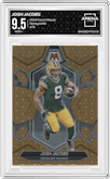 Josh Jacobs from the 2024 Panini Mosaic set featuring a Honeycomb parallel graded by Arena Club and given an overall grade of 9.5.