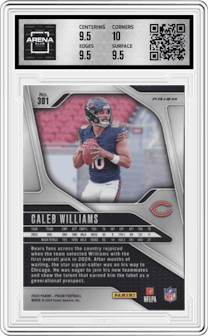 Caleb Williams from the 2024 Panini Prizm set featuring a Pink Prizm parallel and given an overall grade of 10.