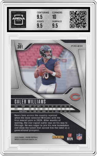Caleb Williams from the 2024 Panini Prizm set featuring a Pink Prizm parallel graded by Arena Club and given an overall grade of 10.