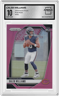 Caleb Williams from the 2024 Panini Prizm set featuring a Pink Prizm parallel and given an overall grade of 10.