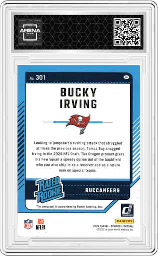 Bucky Irving from the 2024 Donruss set featuring a Green parallel graded by Arena Club.