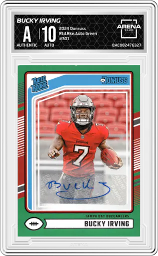 Bucky Irving from the 2024 Donruss set featuring a Green parallel graded by Arena Club.