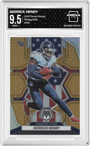 Derrick Henry from the 2022 Panini Mosaic set featuring a Honeycomb parallel graded by Arena Club and given an overall grade of 9.5.