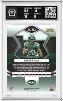  Breece Hall from the 2022 Panini Mosaic set featuring a Genesis parallel graded by Arena Club and given an overall grade of 9.5.