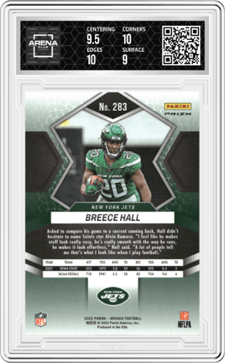  Breece Hall from the 2022 Panini Mosaic set featuring a Genesis parallel graded by Arena Club and given an overall grade of 9.5.