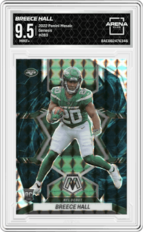  Breece Hall from the 2022 Panini Mosaic set featuring a Genesis parallel graded by Arena Club and given an overall grade of 9.5.
