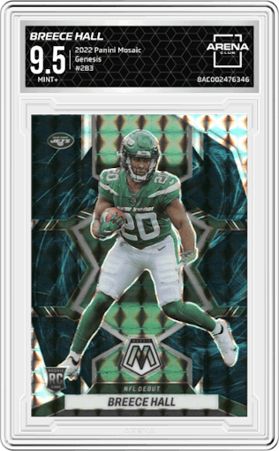  Breece Hall from the 2022 Panini Mosaic set featuring a Genesis parallel graded by Arena Club and given an overall grade of 9.5.
