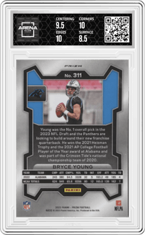 Bryce Young from the 2023 Panini Prizm set featuring a Silver Prizm parallel graded by Arena Club and given an overall grade of 9.