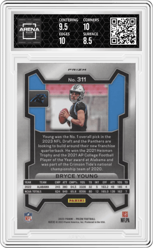 Bryce Young from the 2023 Panini Prizm set featuring a Silver Prizm parallel graded by Arena Club and given an overall grade of 9.