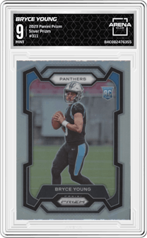 Bryce Young from the 2023 Panini Prizm set featuring a Silver Prizm parallel graded by Arena Club and given an overall grade of 9.