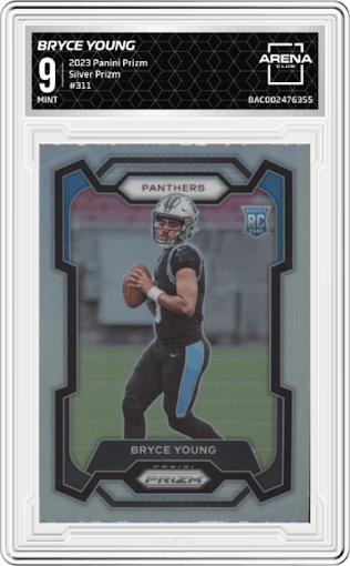 Bryce Young from the 2023 Panini Prizm set featuring a Silver Prizm parallel graded by Arena Club and given an overall grade of 9.