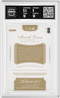 Marcell Ozuna from the 2017 Panini Flawless set featuring a Ruby  parallel graded by Arena Club and given an overall grade of 9.5.