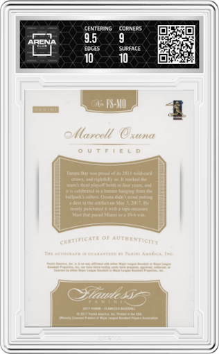 Marcell Ozuna from the 2017 Panini Flawless set featuring a Ruby  parallel graded by Arena Club and given an overall grade of 9.5.