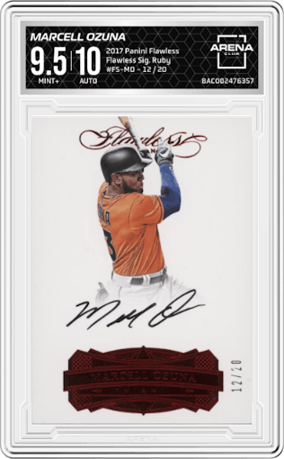 Marcell Ozuna from the 2017 Panini Flawless set featuring a Ruby  parallel graded by Arena Club and given an overall grade of 9.5.
