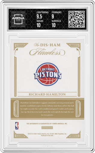 Richard Hamilton from the 2020-21 Panini Flawless Basketball set featuring a Ruby parallel graded by Arena Club and given an overall grade of 9.5.