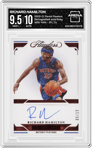 Richard Hamilton from the 2020-21 Panini Flawless Basketball set featuring a Ruby parallel graded by Arena Club and given an overall grade of 9.5.