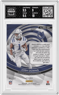 Josh Downs from the 2023 Panini Spectra set featuring a Neon Blue parallel graded by Arena Club and given an overall grade of 9.5.