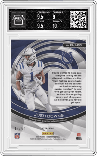 Josh Downs from the 2023 Panini Spectra set featuring a Neon Blue parallel graded by Arena Club and given an overall grade of 9.5.